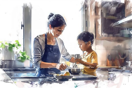 Hand-drawn pastel digital watercolour paint sketch Single mother in a chic urban apartment teaches preschooler a breakfast recipe highlighting the joy and challenges of urban parenthood 