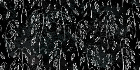 Oat field pattern on black chalkboard. Oat spikes background. Chalk line cereal drawing. Grain farm field sketch on board. Vector plant. Oatmeal seed vintage seamless pattern. Chalk board background
