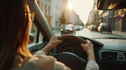 Fototapeta na wymiar Woman Driving Car in City Street
