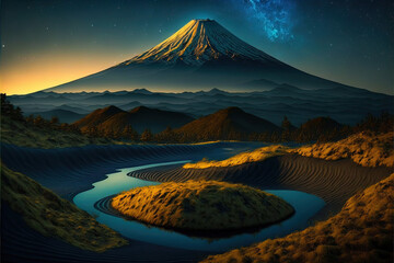 Błękitna i złota godzina nad górą Fuji w Japonii - obrazy, fototapety, plakaty