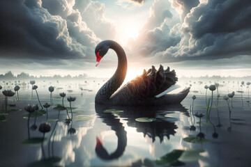 A lone black swan swims in the lake. Symbol of unexpected events. generated ai - obrazy, fototapety, plakaty