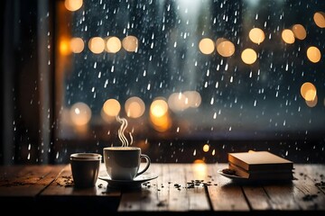 Hot coffee cup on the table , the window blurred rain background and a fairy light at night, creating a relaxing atmosphere. free space for writing messages, background for imaginary text - obrazy, fototapety, plakaty