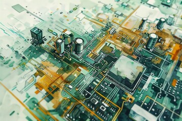 Hand-drawn pastel digital watercolour paint sketch Microchips detailed architecture with metallic goldsilver connections nestled on a green circuit board isolated on a white background 