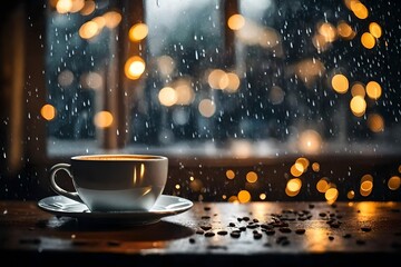 Hot coffee cup on the table , the window blurred rain background and a fairy light at night, creating a relaxing atmosphere. free space for writing messages, background for imaginary text - obrazy, fototapety, plakaty