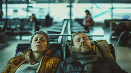 Tired passengers sleeping in airport. 