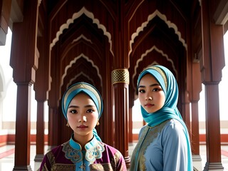 Portrait of two asian muslim women wearing traditional costume in the mosque