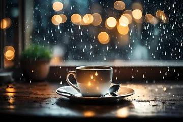 Zelfklevend Fotobehang Hot coffee cup on the table , the window blurred rain background and a fairy light at night, creating a relaxing atmosphere. free space for writing messages, background for imaginary text © MISHAL