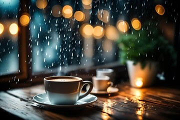 Hot coffee cup on the table , the window blurred rain background and a fairy light at night, creating a relaxing atmosphere. free space for writing messages, background for imaginary text