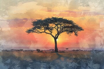 Hand-drawn pastel digital watercolour paint sketch Majestic African savannah bathes in the soft glow of a setting sun casting long shadows and creating a picturesque silhouette of a lone acacia tree 