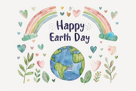 text Happy Earth Day written on top, a watercolor illustration of planet earth smiling with green leaves and a rainbow against a pastel colored background. Cartoon earth with a rainbow, green leaves
