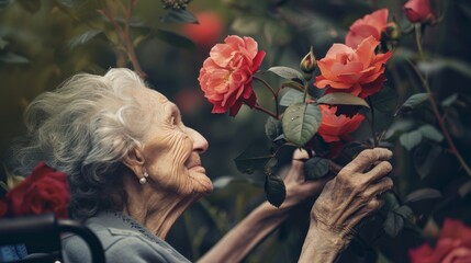 An elderly woman reaches up to smell a rose, a look of pure contentment on her face