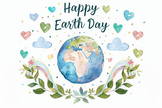 text Happy Earth Day written on top, a watercolor illustration of planet earth smiling with green leaves and a rainbow against a pastel colored background. Cartoon earth with a rainbow, green leaves