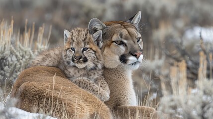 Obraz premium Male puma and cub portrait with empty space on the left for text, object on the right side