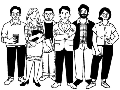 Young teamwork businesspeople standing, smiling, and expressing happiness. Man and woman, diversity. Outline, thin line art, hand drawn sketch, ink style. 