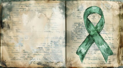 Hand-drawn pastel digital watercolour paint sketch Green ribbon the international symbol for mental health delicately placed on a worn-out book background with empty space for text 