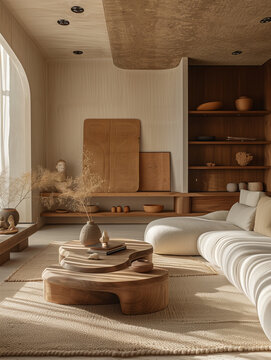 modern interior of living room, sofa and coutch in retro vintage modern style. luxury room