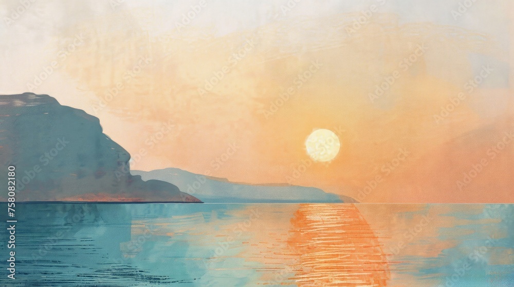 Sticker Hand-drawn pastel digital watercolour paint sketch Golden sun dips below the horizon casting a warm glow over the tranquil waters of Santorini Greece 