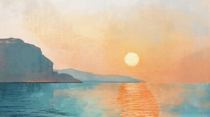 Hand-drawn pastel digital watercolour paint sketch Golden sun dips below the horizon casting a warm glow over the tranquil waters of Santorini Greece 