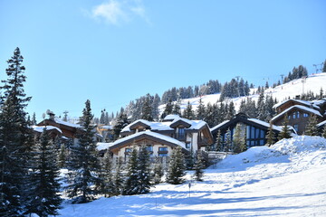 Winter scenery of French alps with chalets on the slopes 