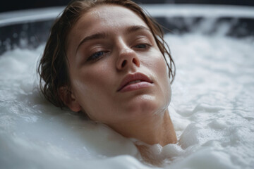 A contented young woman relaxing after dipping herself in a thick warm rejuvenating milk bath. A female bathing in milk for a smoother skin and better complexion. A spa wellness skincare treatment.