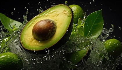Avocado with splashes and water drops on dark background
