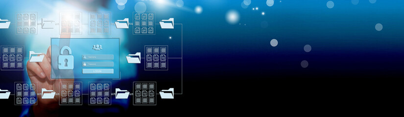    Online documentation database. AI document management system DMS concept. Data protection, cyber...