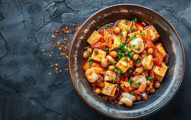 Gourmet tofu pot with shrimps,created with Generative AI tecnology.