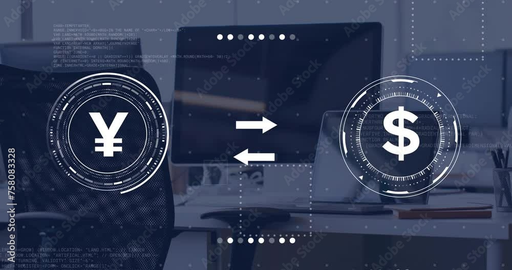 Poster animation of currency symbols with data processing over desk with computer in office