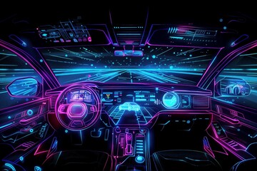 Hand-drawn pastel digital watercolour paint sketch Digital interface of AI technology in an autonomous car cockpit illuminated in neon blues and purples against a black background 