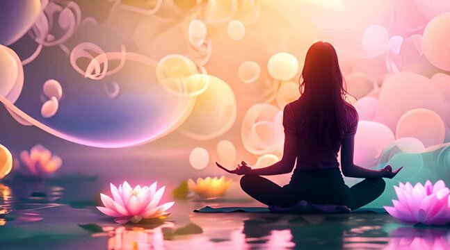woman doing yoga meditation with lotus flowers beside her