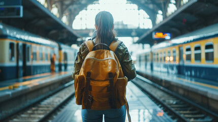 Happy young female tourist with a backpack stands on the platform of a modern train station waiting for the train. Back view. Single travel vacation and vacation concept. Copy space