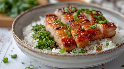 Bowl of Rice With Crispy Pork on Table