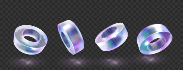Crystal glass holographic ring in different angle view. Abstract geometric shapes with holographic gradient texture, crystal rainbow objects, graphic elements isolated on transparent black background.