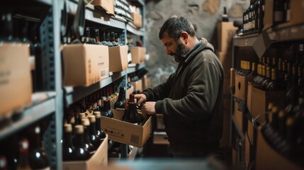 Fototapeta na wymiar a man organizing wine bottles into boxes ready to be shipped from his small simple warehouse,