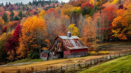 Autumnal splendor: rustic barn nestled among vermont countryside's vibrant foliage