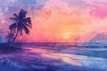 Fototapeta na wymiar Hand-drawn pastel digital watercolour paint sketch Breathtaking Hawaiian beach glows under the radiant sunset palm tree silhouette adding contrast background with empty space for text 