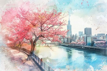 Hand-drawn pastel digital watercolour paint sketch Blossoming cherry tree in full bloom against a vibrant Tokyo cityscape signifies the charm of springs transformation 