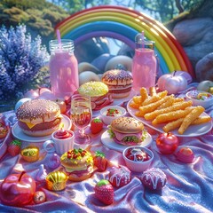 A 3D cartoon picnic spreads out under a rainbow the fast food dishes shimmering with colors so vivid