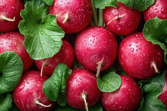 Freshly Harvested Red Radishes With Lush Green Leaves in a Farmers Market Display