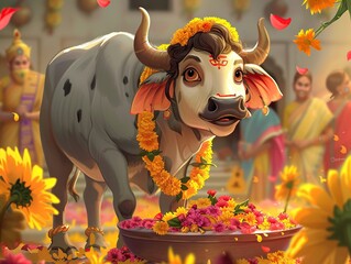 A playful cartoon Nandi bull watches over devotees offering vibrant flowers and sweets to Lord Shiva on Maha Shivratri