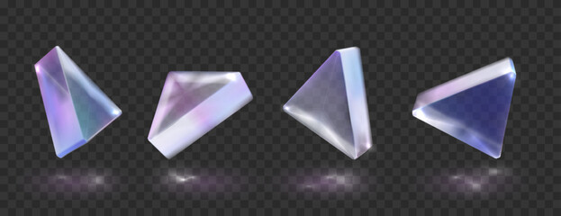 Glass or crystal triangle in different angle view. Shape with holographic gradient texture, glossy geometric object isolated on transparent black background