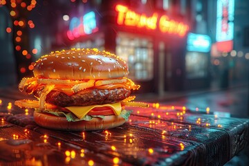 In the glow of a 3D neon skyline fast food icons shimmer - obrazy, fototapety, plakaty