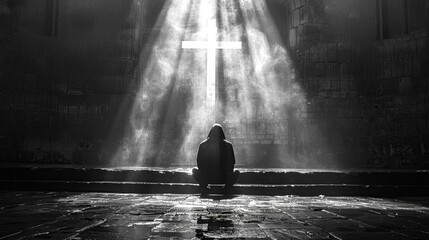 Obraz premium In the quiet of twilight a solitary man sits in shadow