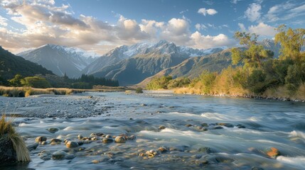 Fototapeta premium Lush new zealand landscape: majestic mountains and serene river scene