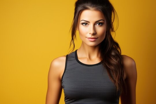 Cropped image of a toned female torso in a sports bra and leggings highlighting the active wearing fashion on a yellow background.