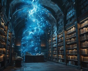 Within a glowing sanctuary ancient tomes reveal the symbiosis of DNA and magical essences