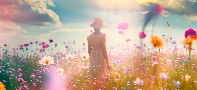 beautiful woman standing in the flower garden enjoying its beauty