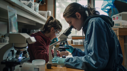 Obraz premium Two individuals wearing lab coats are intently studying samples under a microscope in a laboratory setting