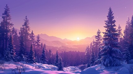 Winter wonderland: majestic forest and sunrise scenery in purple hues