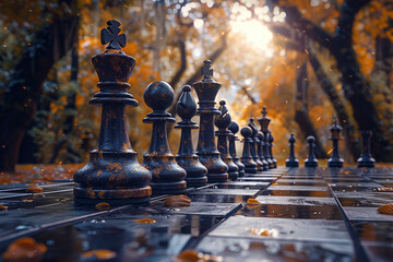 Ancient gods play chess with planets on a board that spans the cosmos 3D render - obrazy, fototapety, plakaty